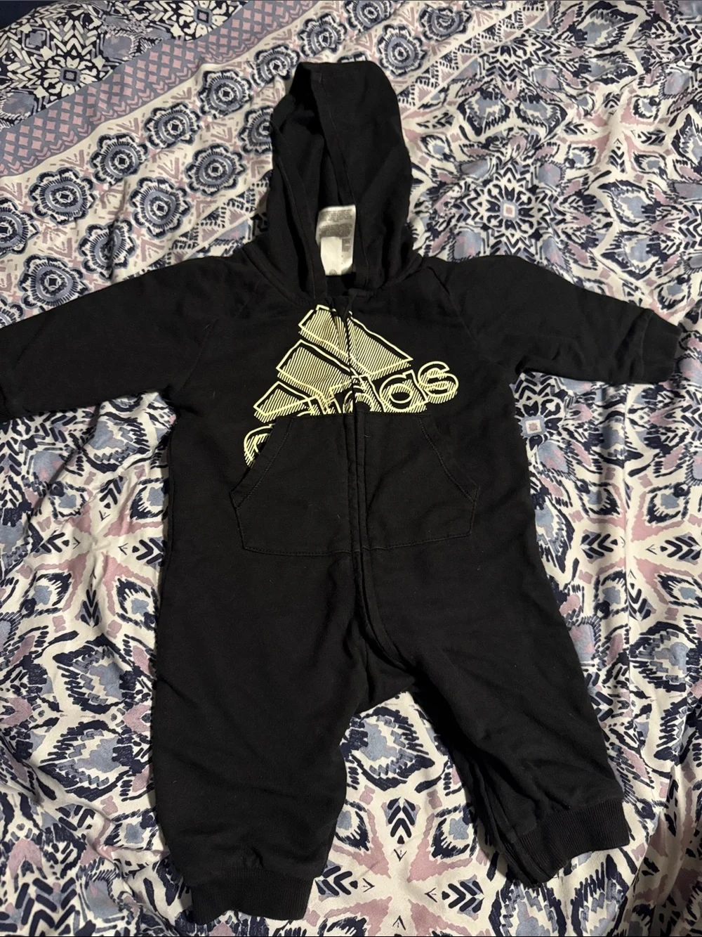 adidas Black Hooded Zip One-Piece with Yellow Logo